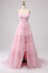A Line Spaghetti Straps Light Pink Tulle Tiered Long Prom Dress with Ruffles