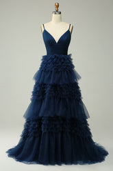 A Line Spaghetti Straps Navy Tiered Long Prom Dress with Ruffles