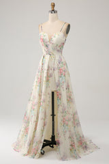 A-Line Flower Printed Ivory Prom Dress with Slit
