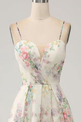 A-Line Flower Printed Ivory Prom Dress with Slit