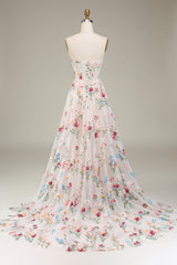 A-Line Sweetheart Sheer Corset Embroidered Maxi Floral Dress with Lace Up Back