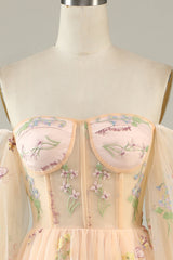 A Line Off The Shoulder Long Sleeves Champagne Tull Prom Dress with Embroidery