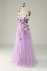 A Line Spaghetti Straps Purple Prom Dress With 3D Flowers