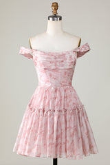 A Line Cute Blush Off The Shoulder Floral Print Short Homecoming Dress with Ruffles