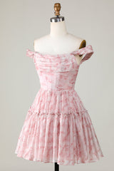 A Line Cute Blush Off The Shoulder Floral Print Short Homecoming Dress with Ruffles