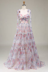 A-Line Spaghetti Straps Lilac Flower Printed Prom Dress
