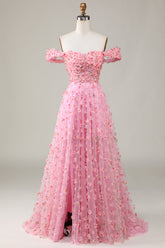A-line Off The Shoulder Pink Long Bridesmaid Dress with 3D Flowers