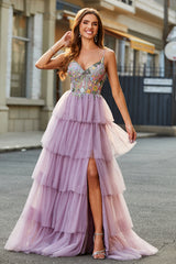 A-Line Tulle Long Corset Tiered Mauve Prom Dress With Appliques