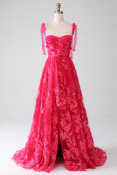 A-Line Spaghetti Straps Fuchsia Long Prom Dress with Slit