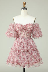 A Line Off the Shoulder Sheer Corset Floral Print Short Homecoming Dress