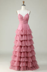 A Line Spaghetti Straps Layered Pink Floral Printed Tulle Prom Dress