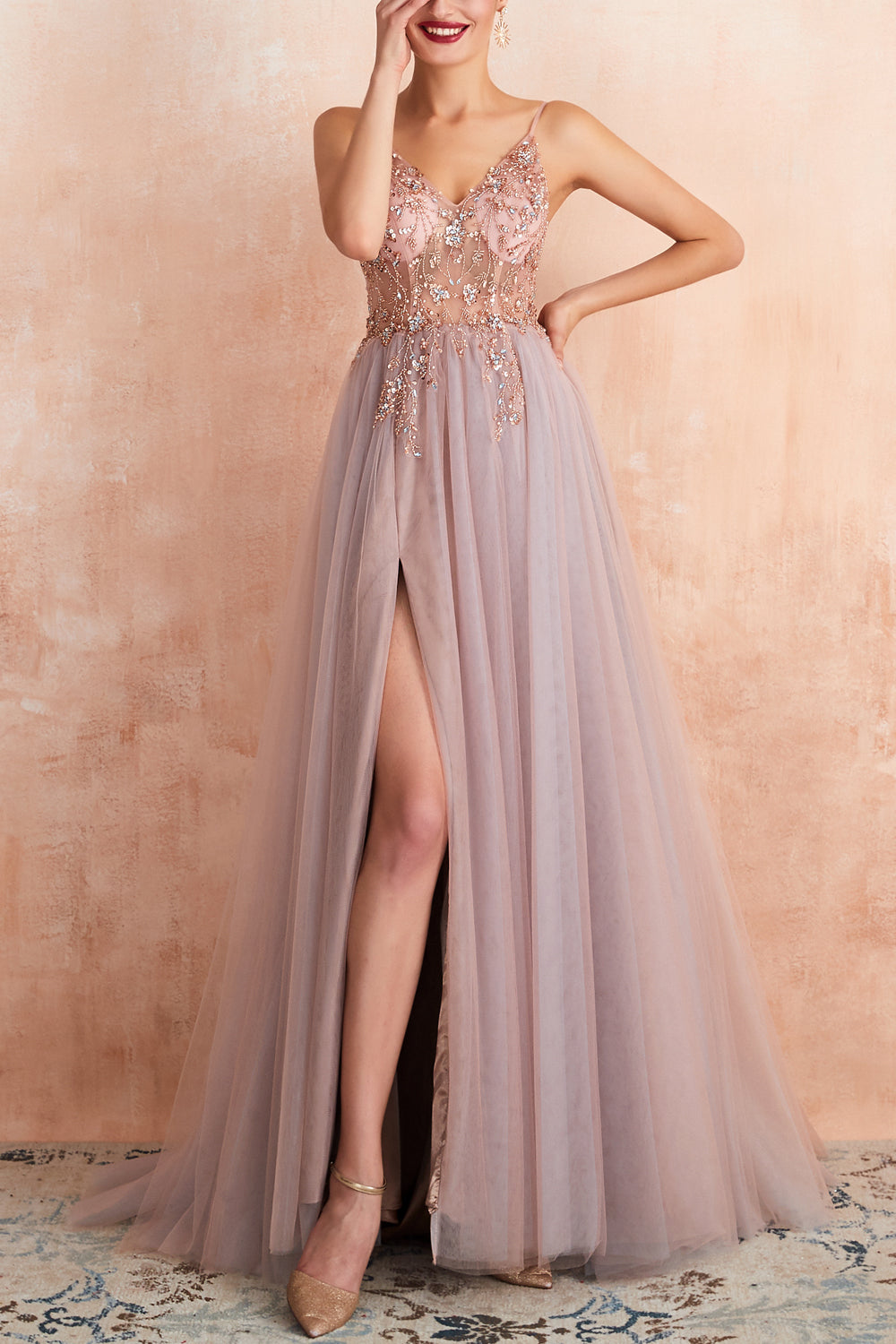 A Line Grey Pink V-neck Tulle Beaded Long Prom Dress with Slit