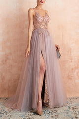 A Line Grey Pink V-neck Tulle Beaded Long Prom Dress with Slit