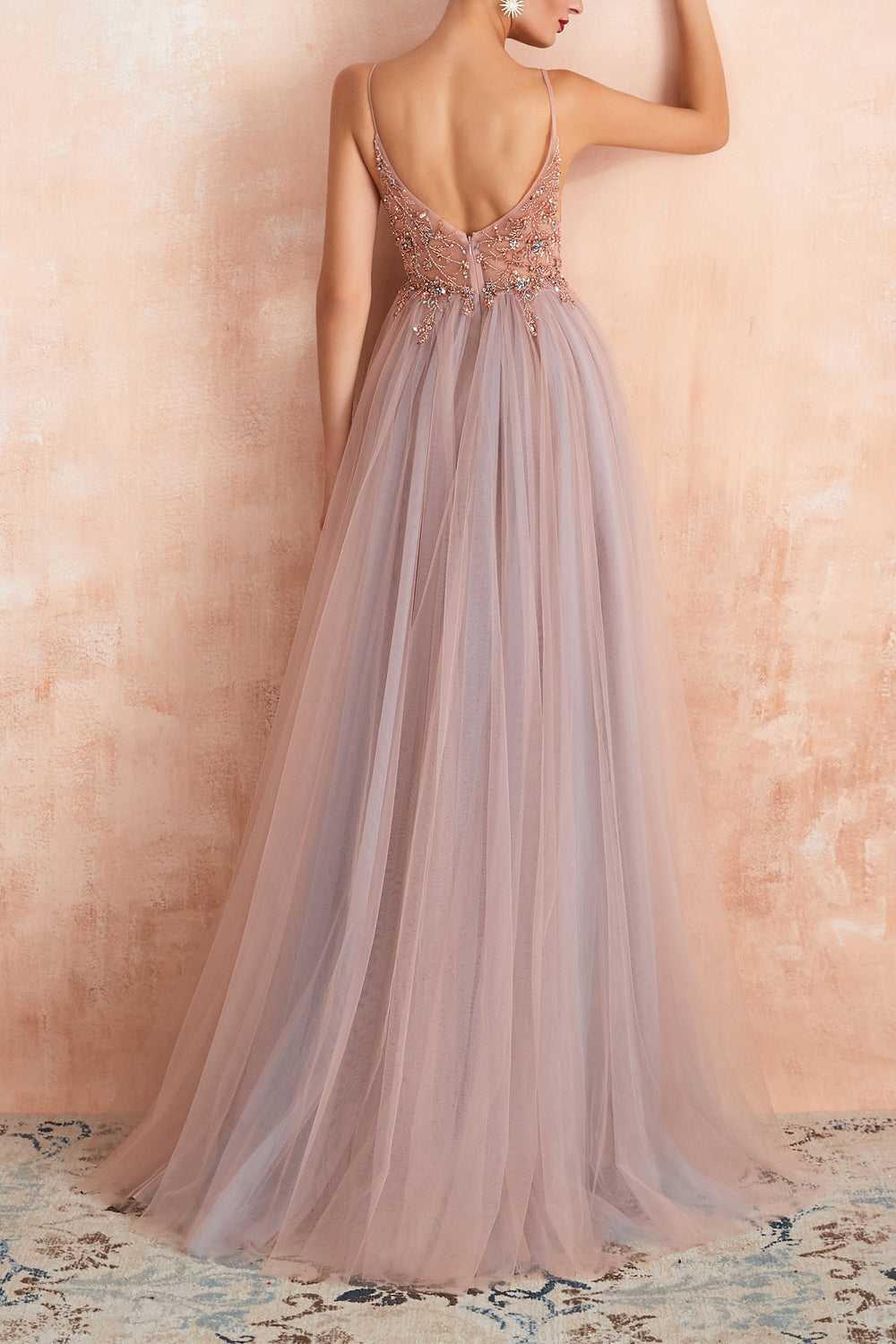 A Line Grey Pink V-neck Tulle Beaded Long Prom Dress with Slit