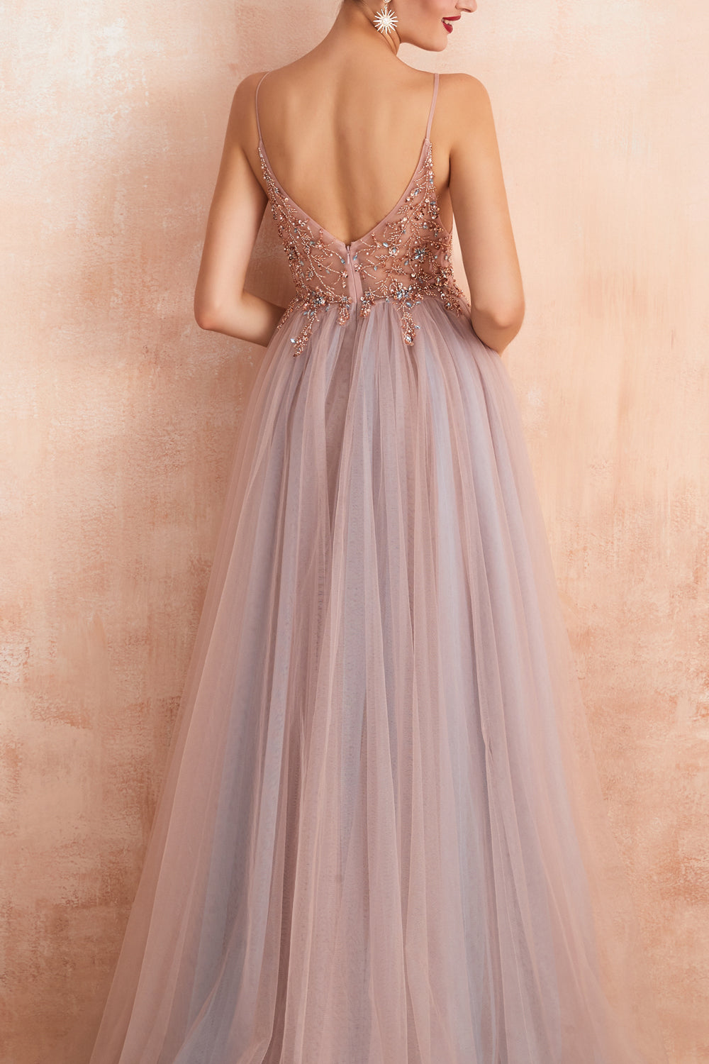 A Line Grey Pink V-neck Tulle Beaded Long Prom Dress with Slit