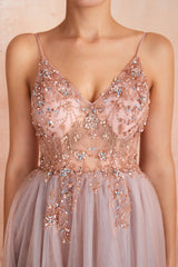 A Line Grey Pink V-neck Tulle Beaded Long Prom Dress with Slit