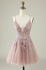 A Line Spaghetti Straps Tulle Short Blush Homecoming Dress with Appliques