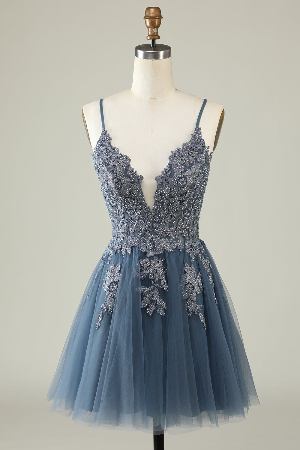 A Line Spaghetti Straps Tulle Short Blush Homecoming Dress with Appliques