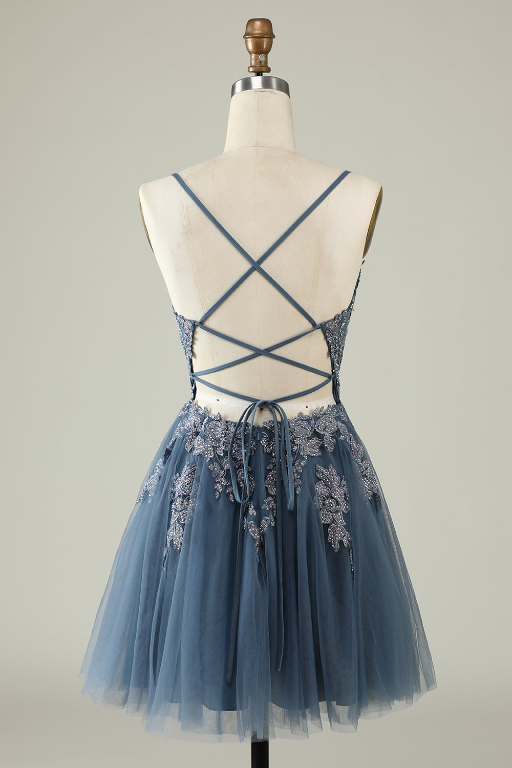 A Line Spaghetti Straps Tulle Short Blush Homecoming Dress with Appliques