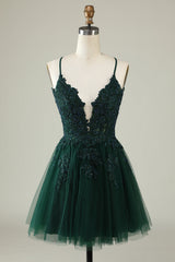 A Line Spaghetti Straps Tulle Short Blush Homecoming Dress with Appliques