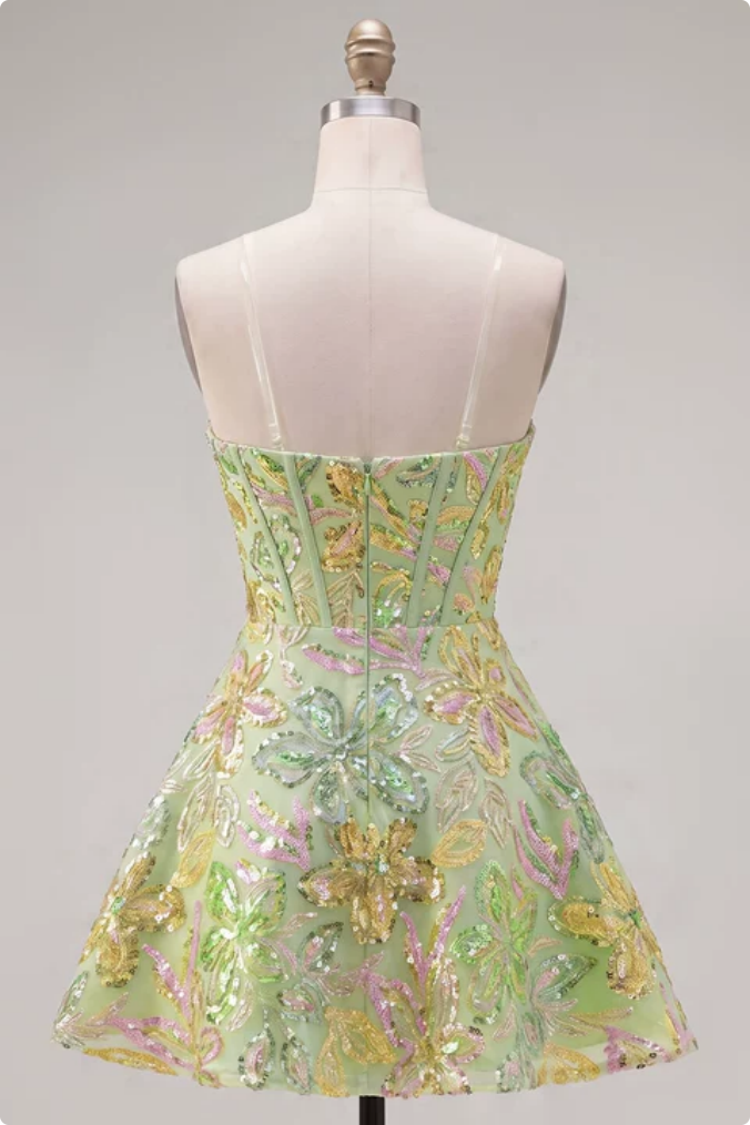 A-Line Green Corset Sequins Short Homecoming Dress