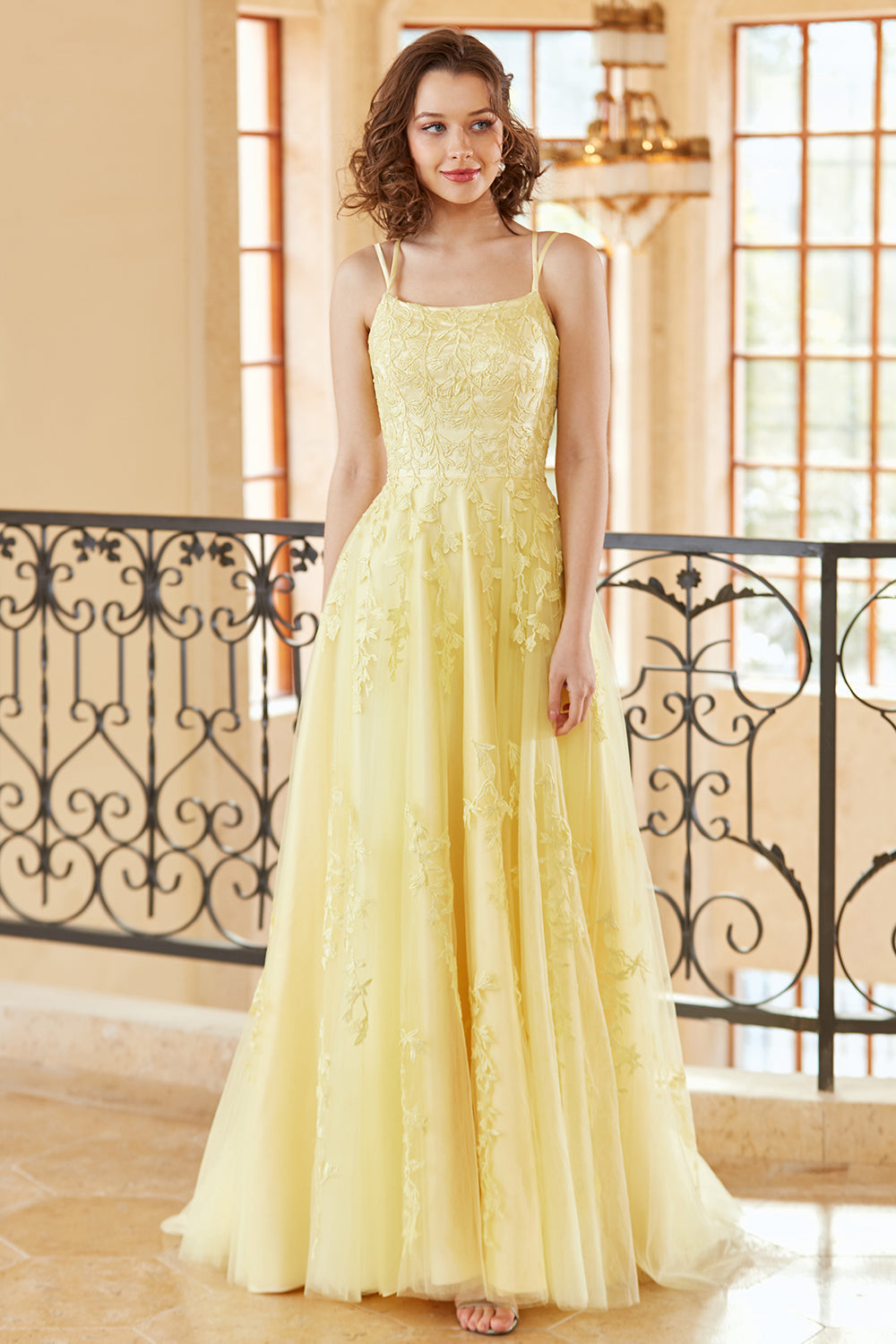 A-Line Purple Spaghetti Straps Long Prom Dress with Appliques