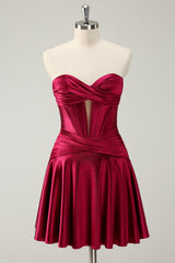 A Line Sweetheart Strapless Corset Key Hole Satin Burgundy Homecoming Dress