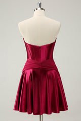 A Line Sweetheart Strapless Corset Key Hole Satin Burgundy Homecoming Dress