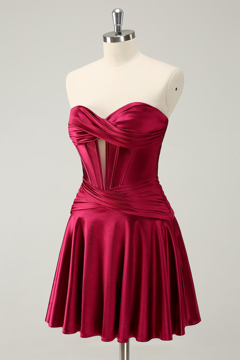 A Line Sweetheart Strapless Corset Key Hole Satin Burgundy Homecoming Dress