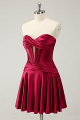 A Line Sweetheart Strapless Corset Key Hole Satin Burgundy Homecoming Dress