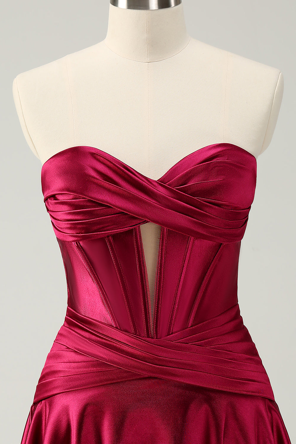 A Line Sweetheart Strapless Corset Key Hole Satin Burgundy Homecoming Dress