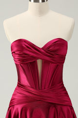 A Line Sweetheart Strapless Corset Key Hole Satin Burgundy Homecoming Dress