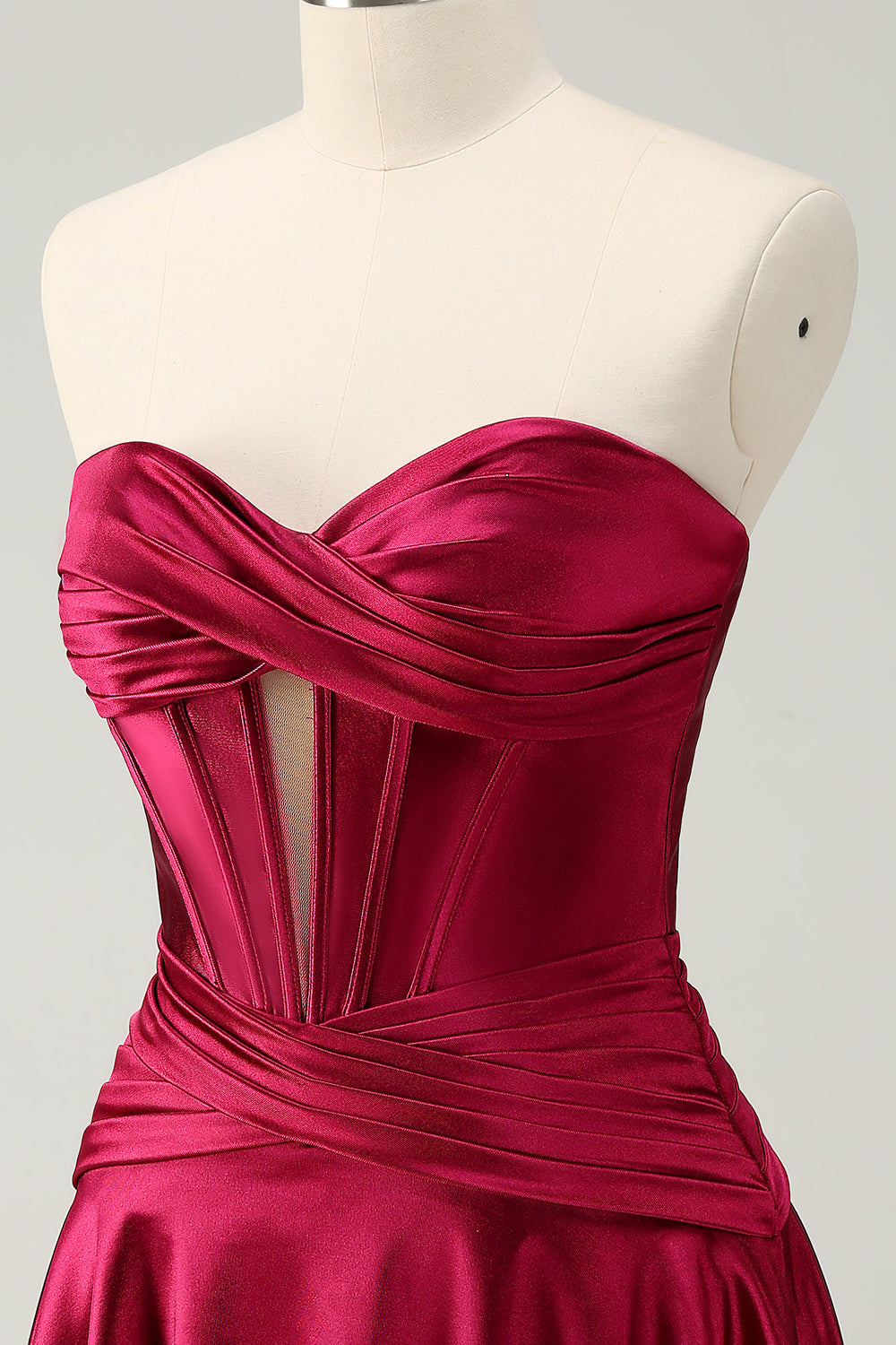 A Line Sweetheart Strapless Corset Key Hole Satin Burgundy Homecoming Dress