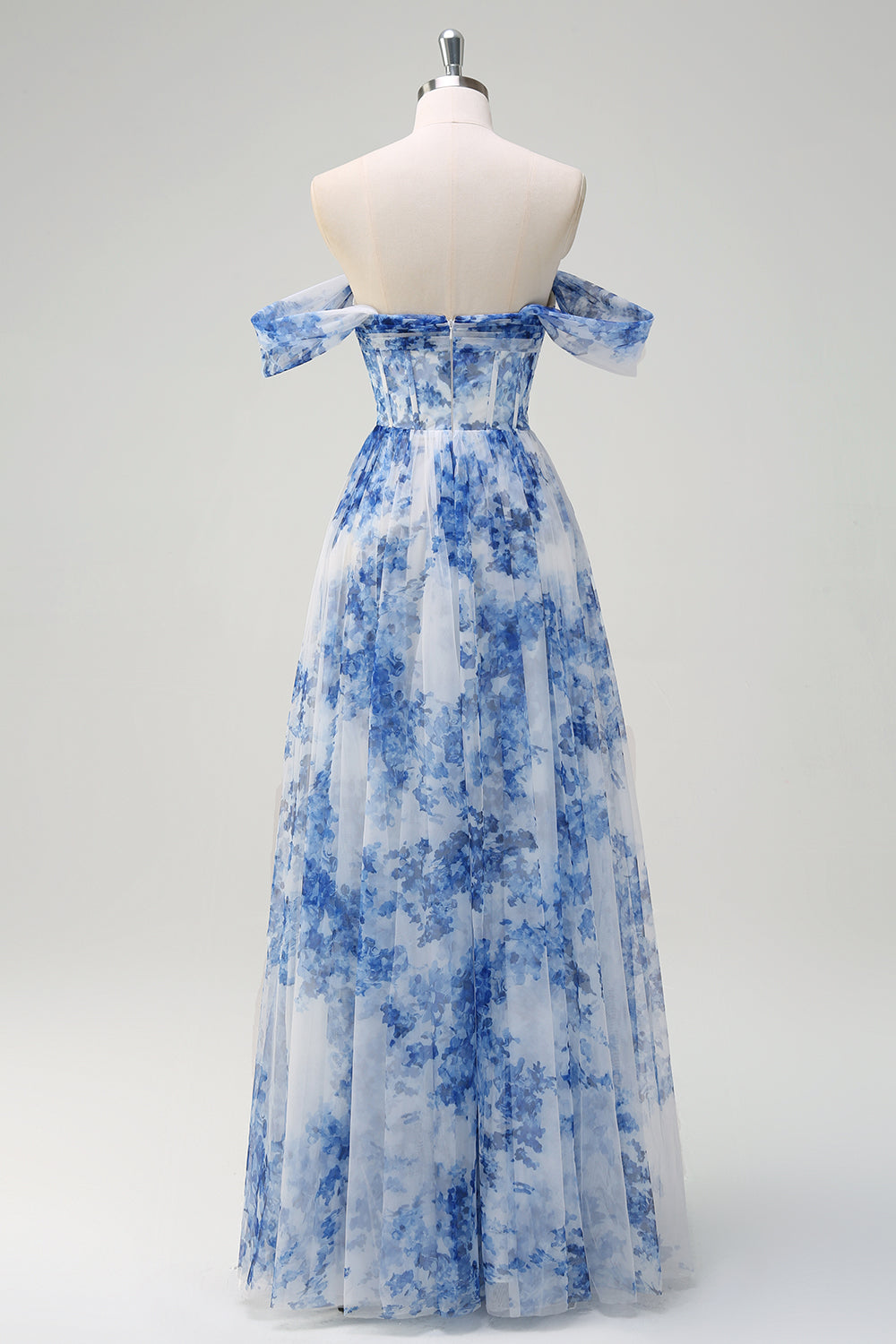 A-Line Off-The-Shoulder Corset Blue Floral Tulle Maxi Dress