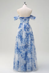 A-Line Off-The-Shoulder Corset Blue Floral Tulle Maxi Dress