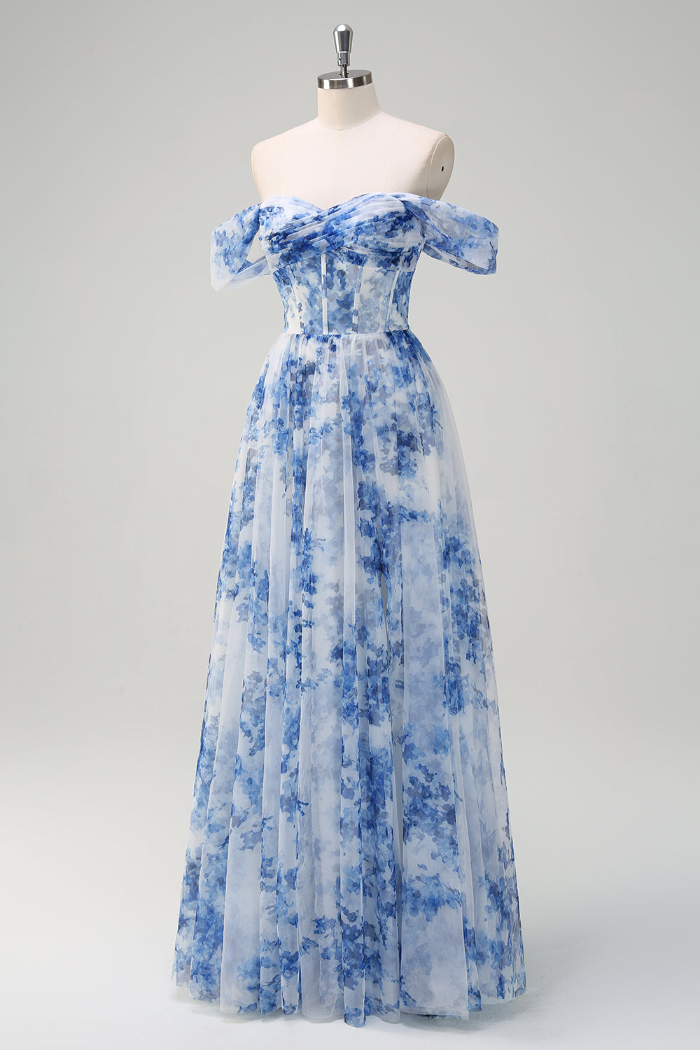 A-Line Off-The-Shoulder Corset Blue Floral Tulle Maxi Dress