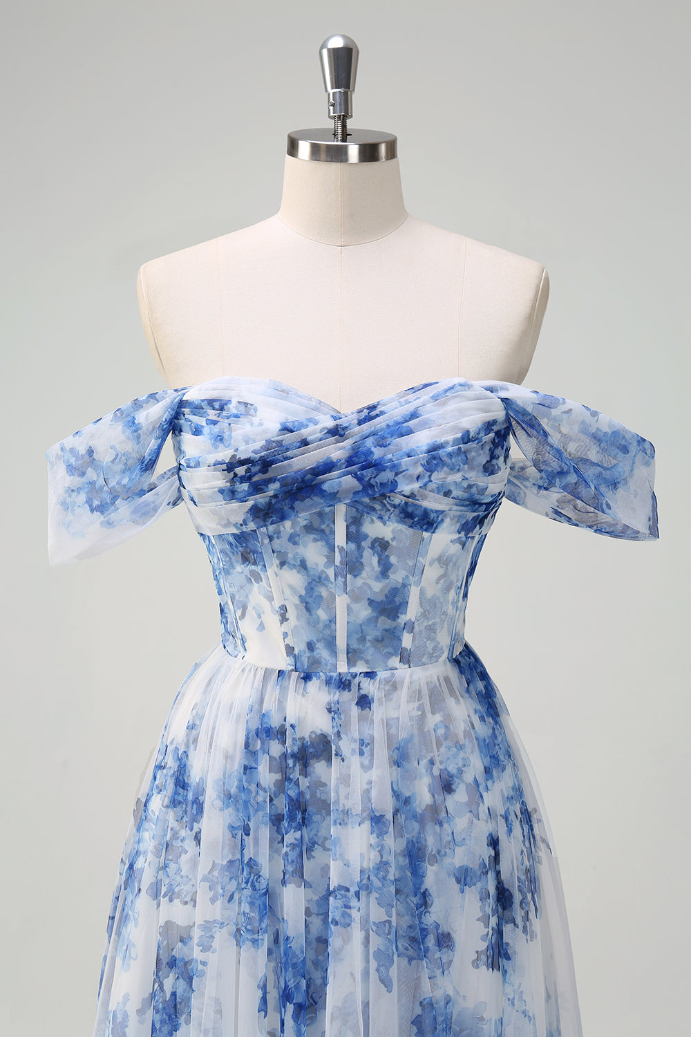 A-Line Off-The-Shoulder Corset Blue Floral Tulle Maxi Dress