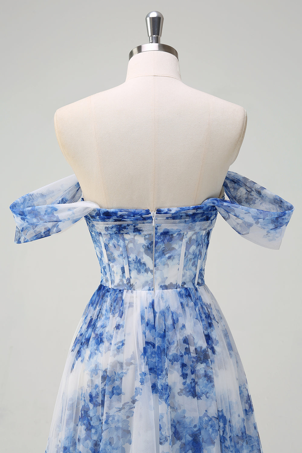 A-Line Off-The-Shoulder Corset Blue Floral Tulle Maxi Dress
