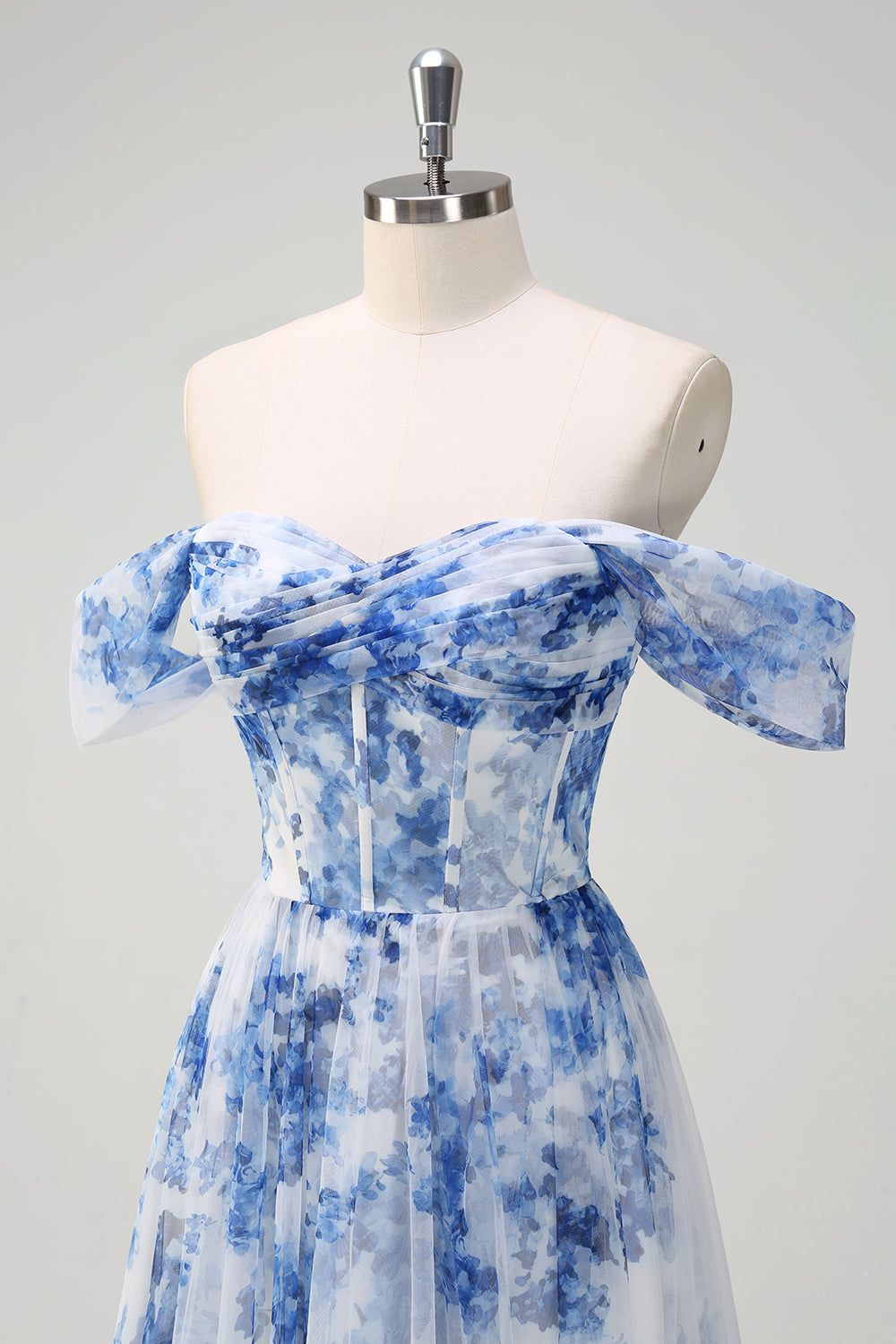 A-Line Off-The-Shoulder Corset Blue Floral Tulle Maxi Dress