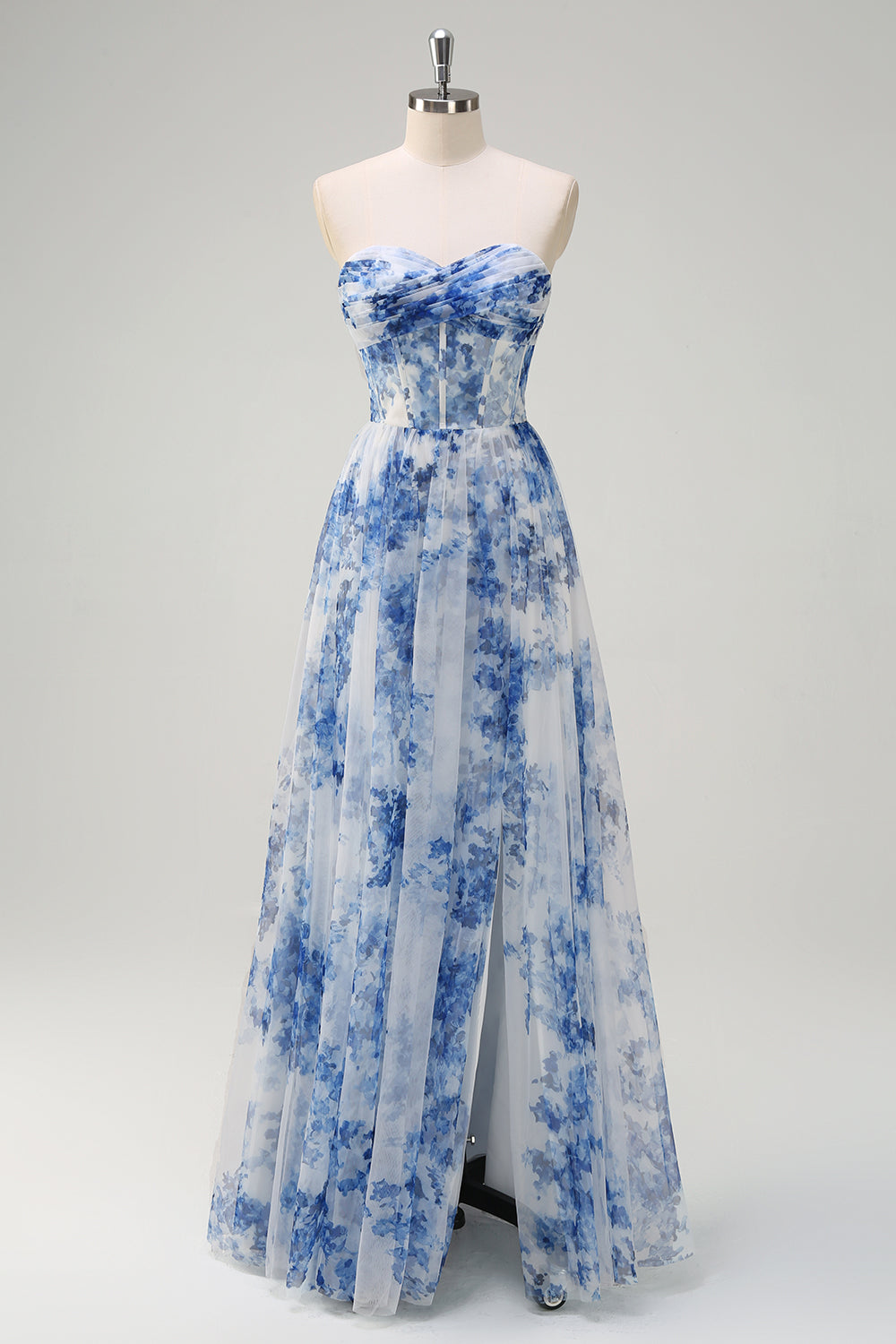 A-Line Off-The-Shoulder Corset Blue Floral Tulle Maxi Dress