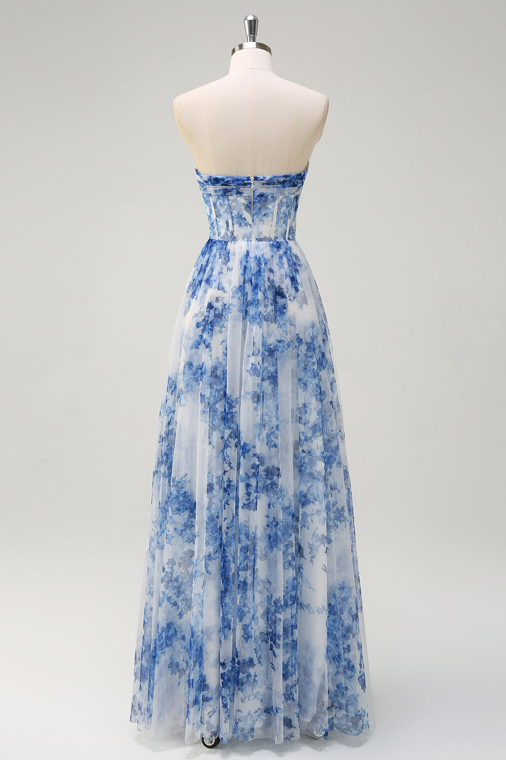 A-Line Off-The-Shoulder Corset Blue Floral Tulle Maxi Dress
