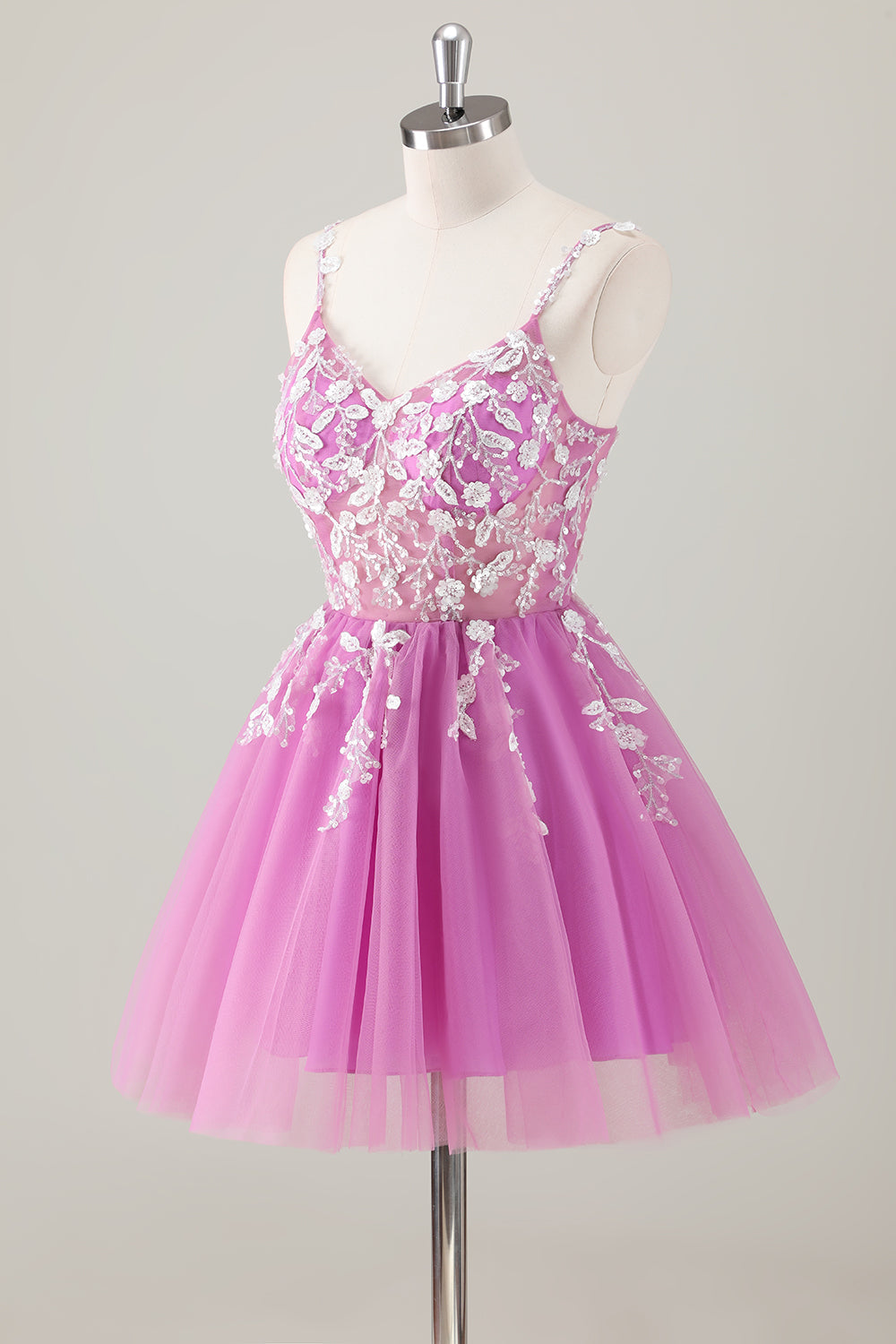A Line Blush Spaghetti Straps Tulle Corset Sequins Homecoming Dress with Appliques