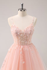 A Line Blush Spaghetti Straps Tulle Corset Sequins Homecoming Dress with Appliques