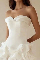 A-Line Strapless Ruffled Little White Graduation Dress