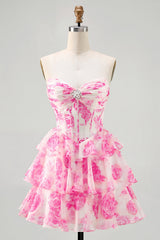 A-Line Strapless Corset Tiered Fuchsia Floral Short Homecoming Dress