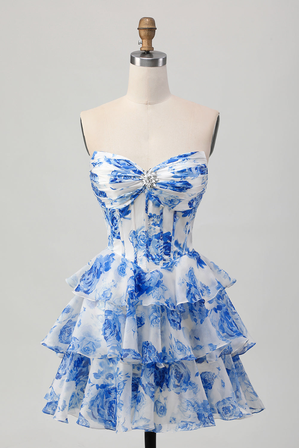 A-Line Strapless Corset Tiered Fuchsia Floral Short Homecoming Dress