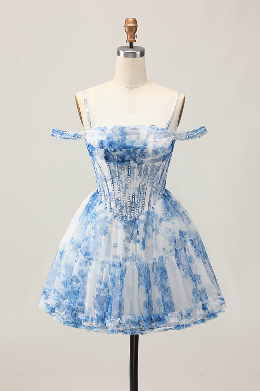 A-Line Cold Shoulder Corset Beaded Short Homecoming Dress with Pearls