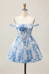 A-Line Cold Shoulder Corset Beaded Short Homecoming Dress with Pearls