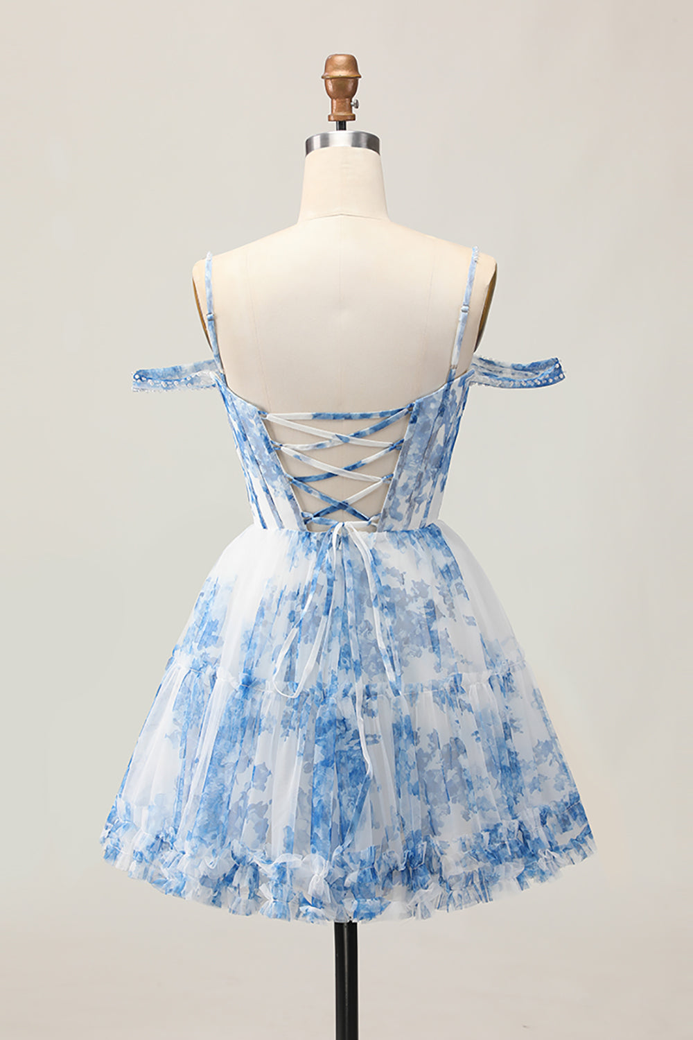A-Line Cold Shoulder Corset Beaded Short Homecoming Dress with Pearls