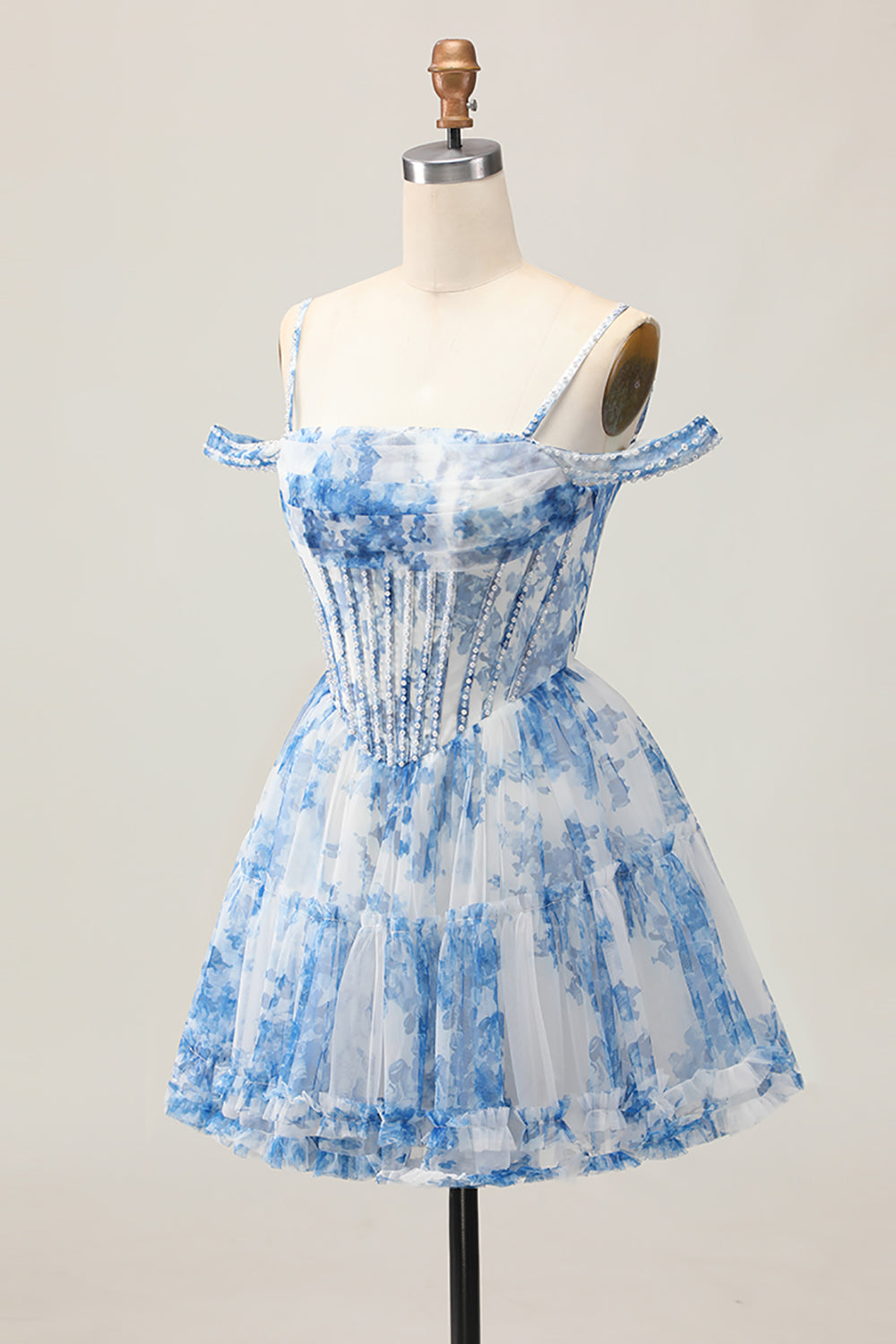 A-Line Cold Shoulder Corset Beaded Short Homecoming Dress with Pearls